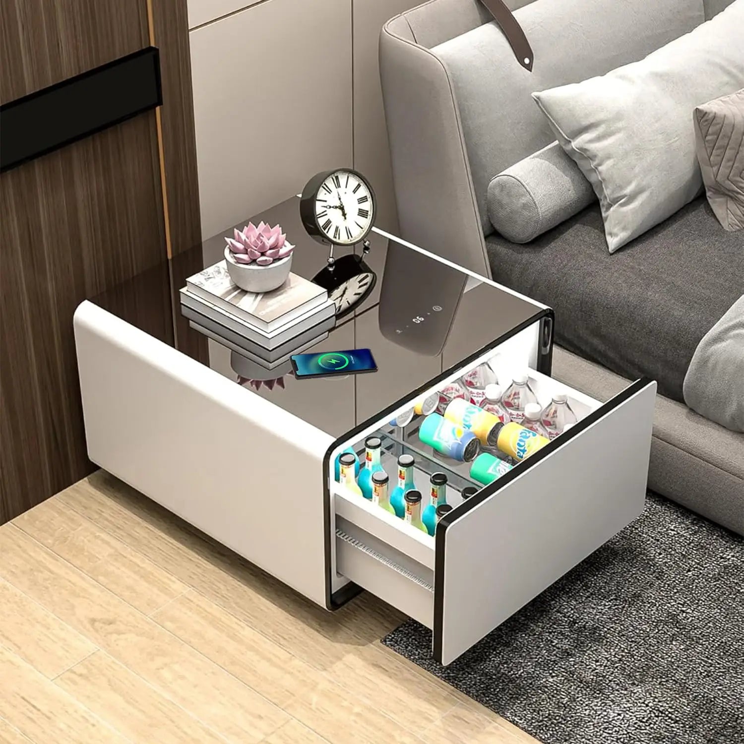 Smart Side Table with Fridge, Smart Nightstand with Refrigerator, Induction Light, Temperature Control, Wireless, Customized