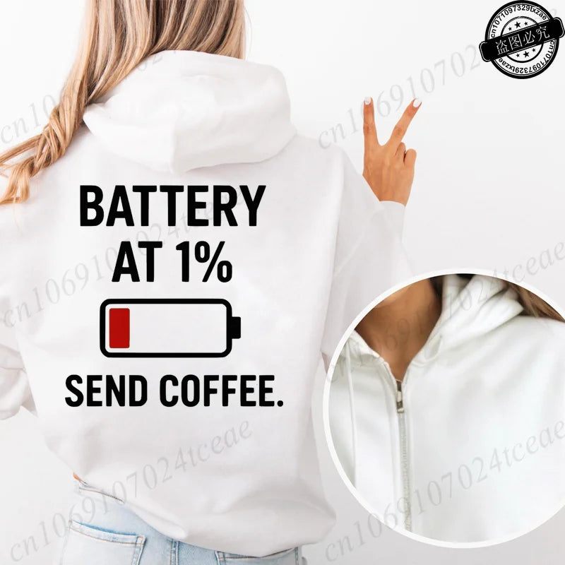 Fashion Streetwear Women's Funny Self Care Hooded Jacket with Minimalist Caffeine Print Trendy Zip Up Sweatshirt Coffee Hoodies