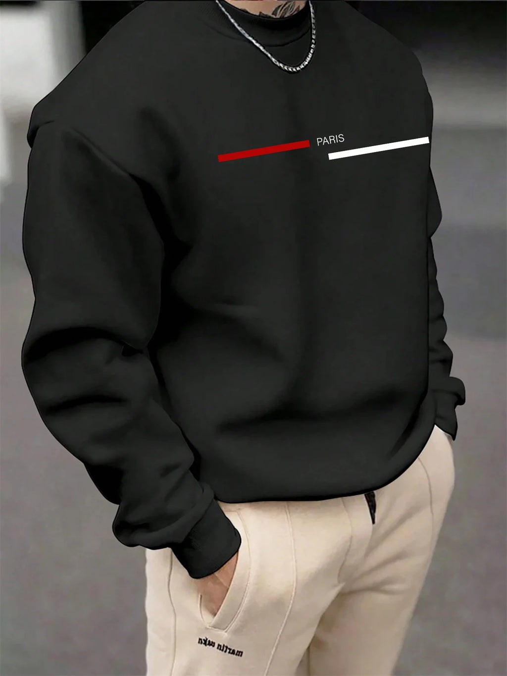Men's autumn and winter fashionable casual loose Paris letter graphic printed long sleeved round neck sweatshirt