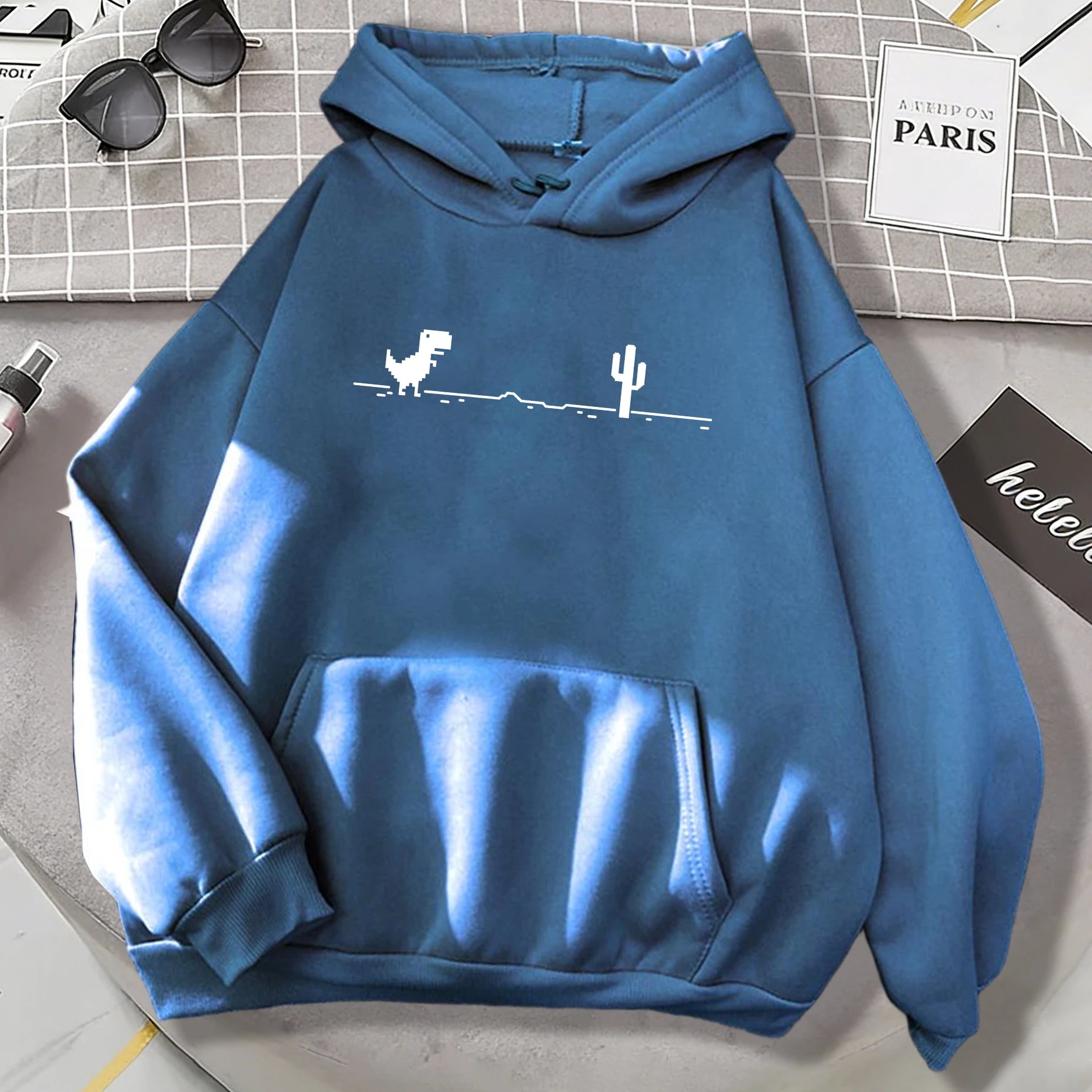 Mosaic Game Cactus Little Dinosaur Mens Hoodies Casual All-Match Pullover Loose Autumn Streetwear Unisex Warm Fleece Clothing