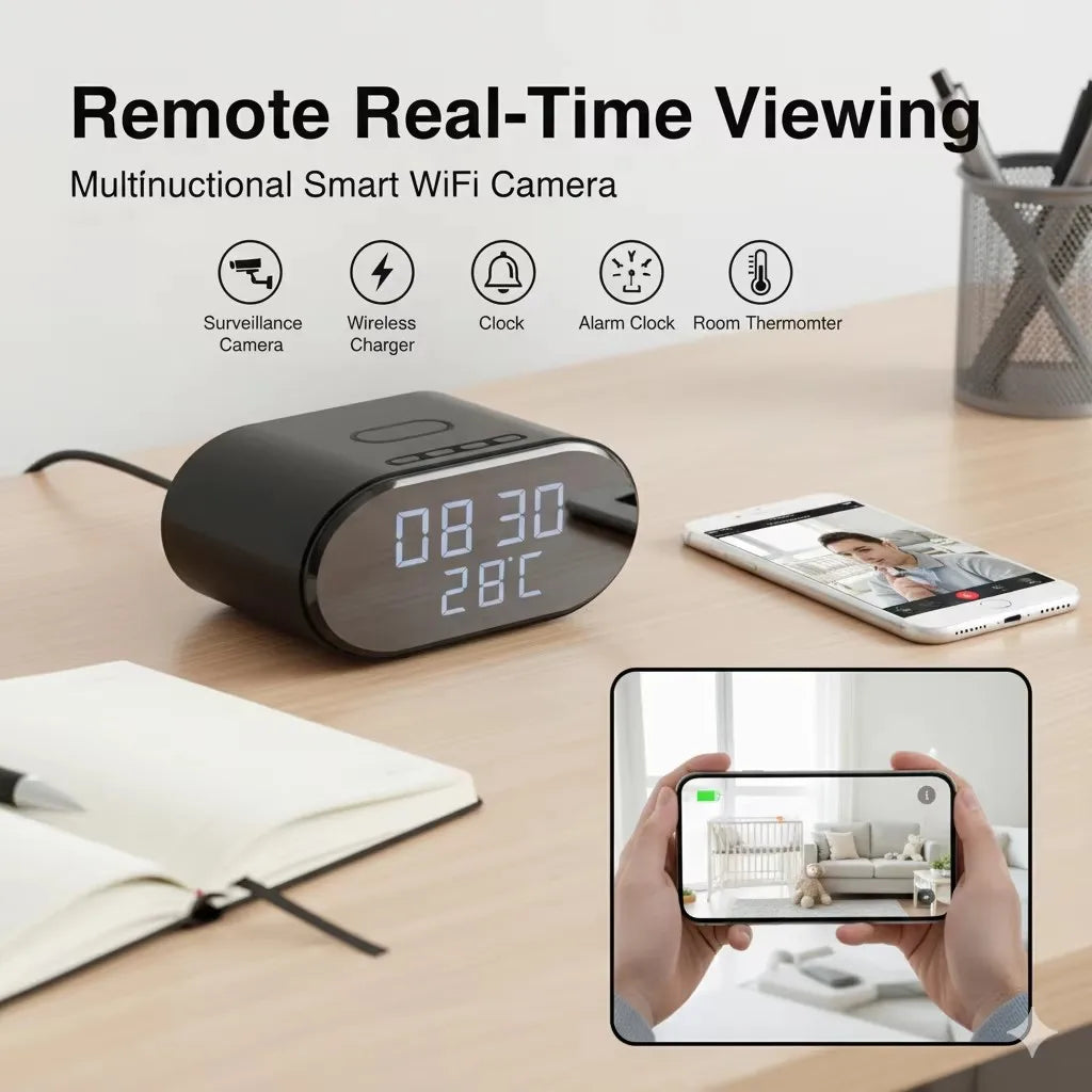 5-in-1 Mini WiFi Camera with Wireless Charger 4K UHD Smart Alarm Clock Cameras with 32GB SD Card Temperature Display Camcorders