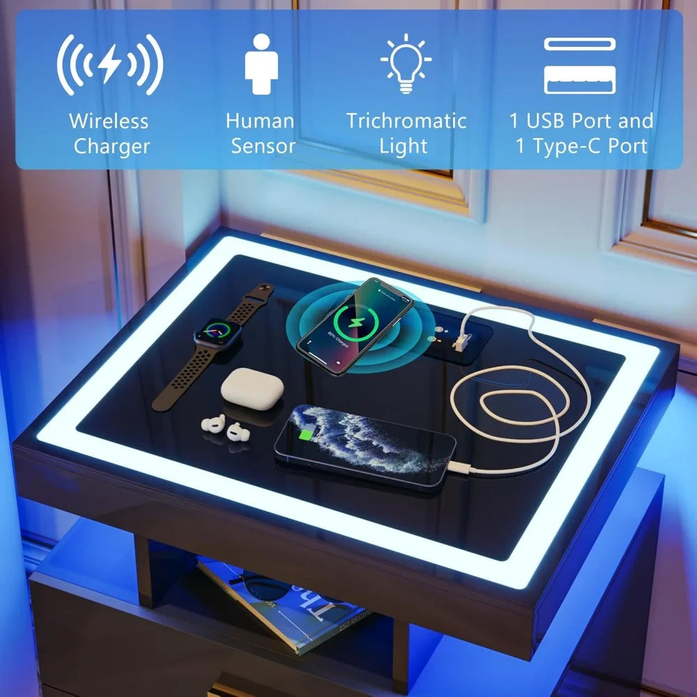 2 Set Nightstands with Wireless Charging Station, Auto Sensor 3 Color Dimmable LED Night Stand, Modern Bedside Table with 3 Dra