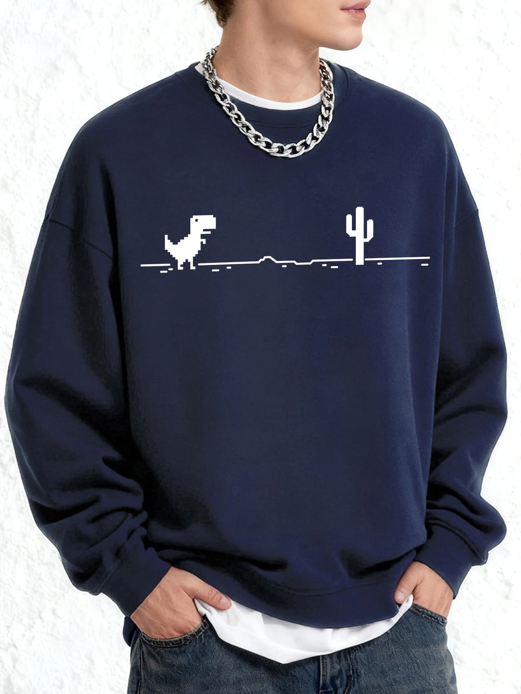 Mosaic Game Cactus Little Dinosaur Print Men Sweatshirt O-Neck Clothing Autumn Warm Oversize Long Sleeve Fashion Basics Clothes
