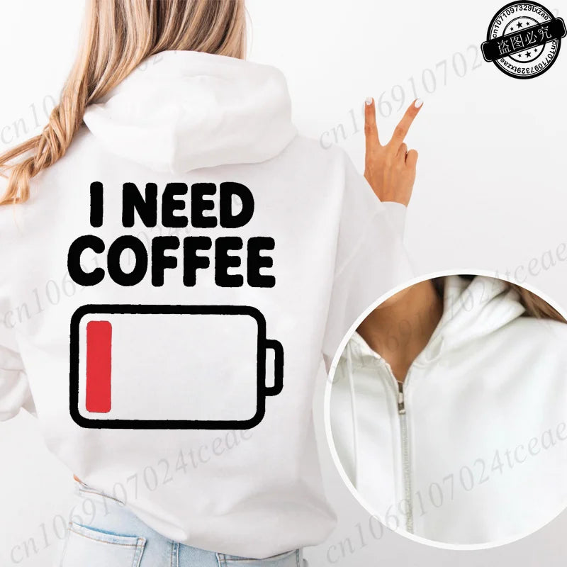 Fashion Streetwear Women's Funny Self Care Hooded Jacket with Minimalist Caffeine Print Trendy Zip Up Sweatshirt Coffee Hoodies