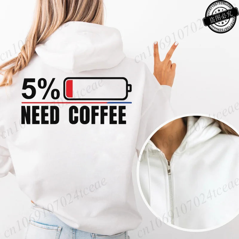 Fashion Streetwear Women's Funny Self Care Hooded Jacket with Minimalist Caffeine Print Trendy Zip Up Sweatshirt Coffee Hoodies