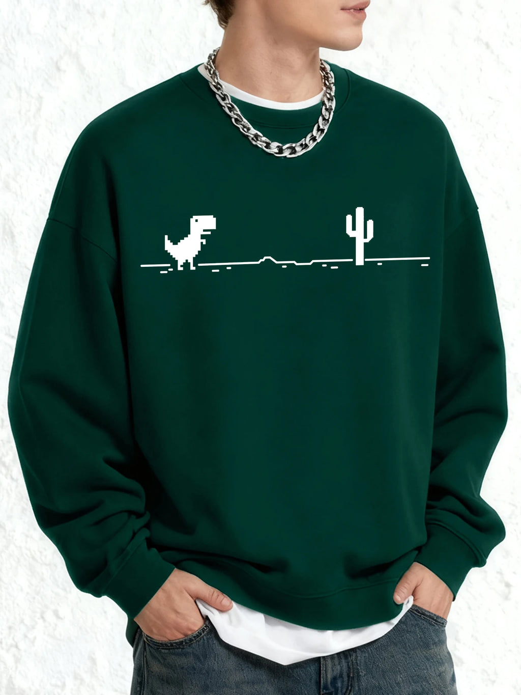 Mosaic Game Cactus Little Dinosaur Print Men Sweatshirt O-Neck Clothing Autumn Warm Oversize Long Sleeve Fashion Basics Clothes