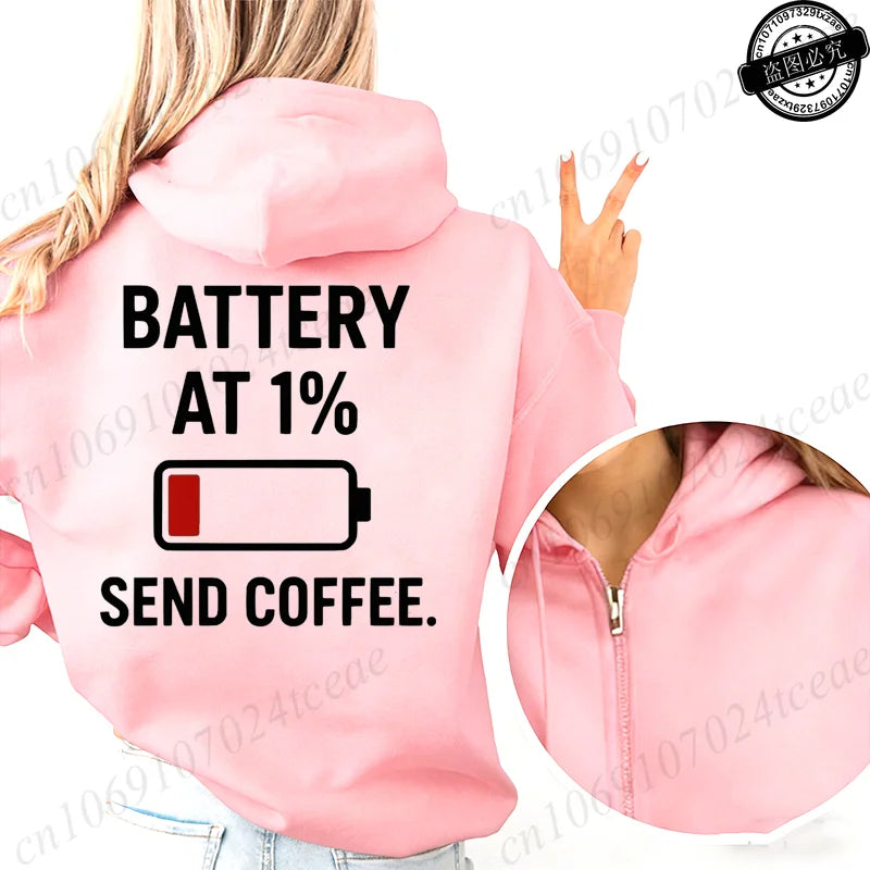 Fashion Streetwear Women's Funny Self Care Hooded Jacket with Minimalist Caffeine Print Trendy Zip Up Sweatshirt Coffee Hoodies