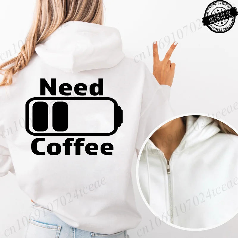 Fashion Streetwear Women's Funny Self Care Hooded Jacket with Minimalist Caffeine Print Trendy Zip Up Sweatshirt Coffee Hoodies