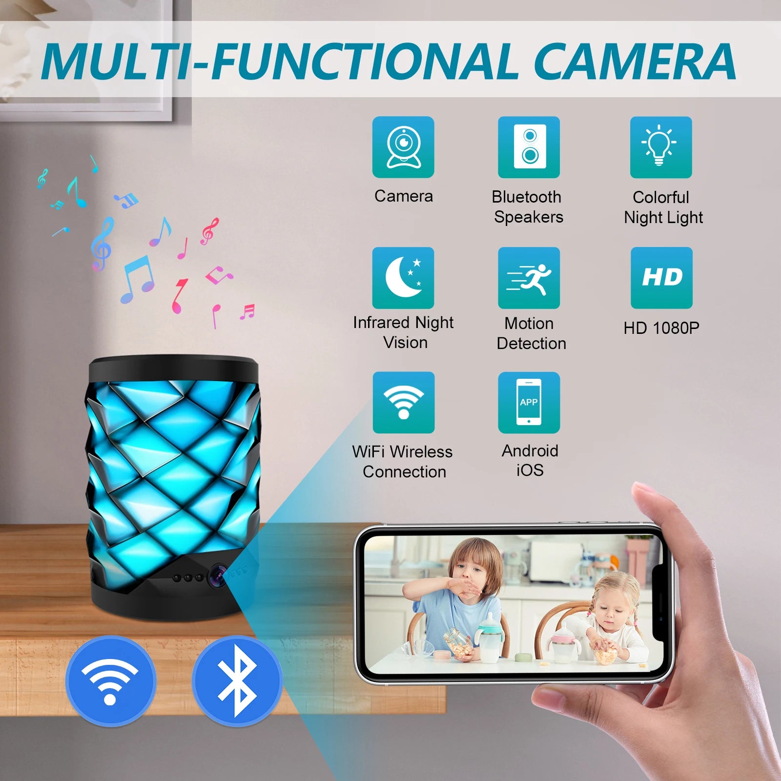1080P HD Mini Wifi Camera with Bluetooth Speaker Home Security Surveillance System Two-way Talk Night Vision Colorful Lights