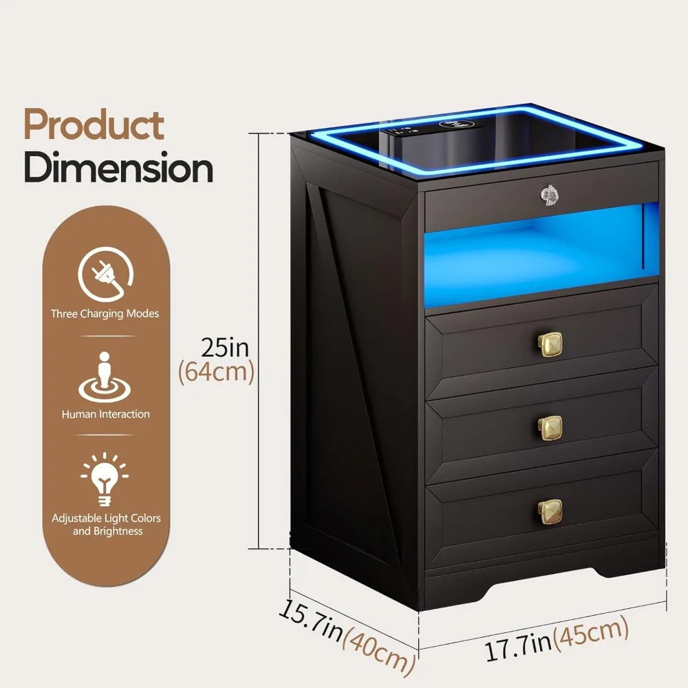 Smart Nightstand with Lockable Gun Drawer, Charging Station & 3 LED Lights, Modern Bedside Table for Bedroom