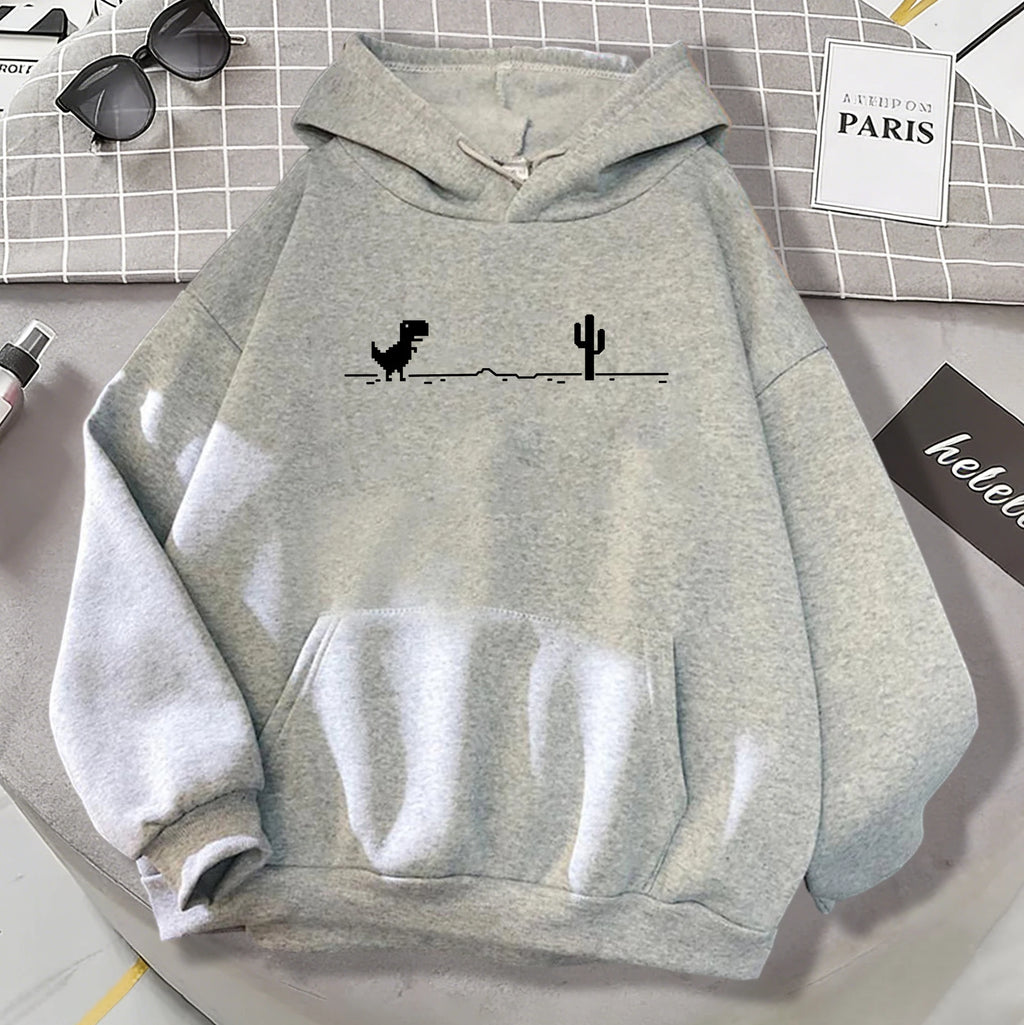 Mosaic Game Cactus Little Dinosaur Mens Hoodies Casual All-Match Pullover Loose Autumn Streetwear Unisex Warm Fleece Clothing