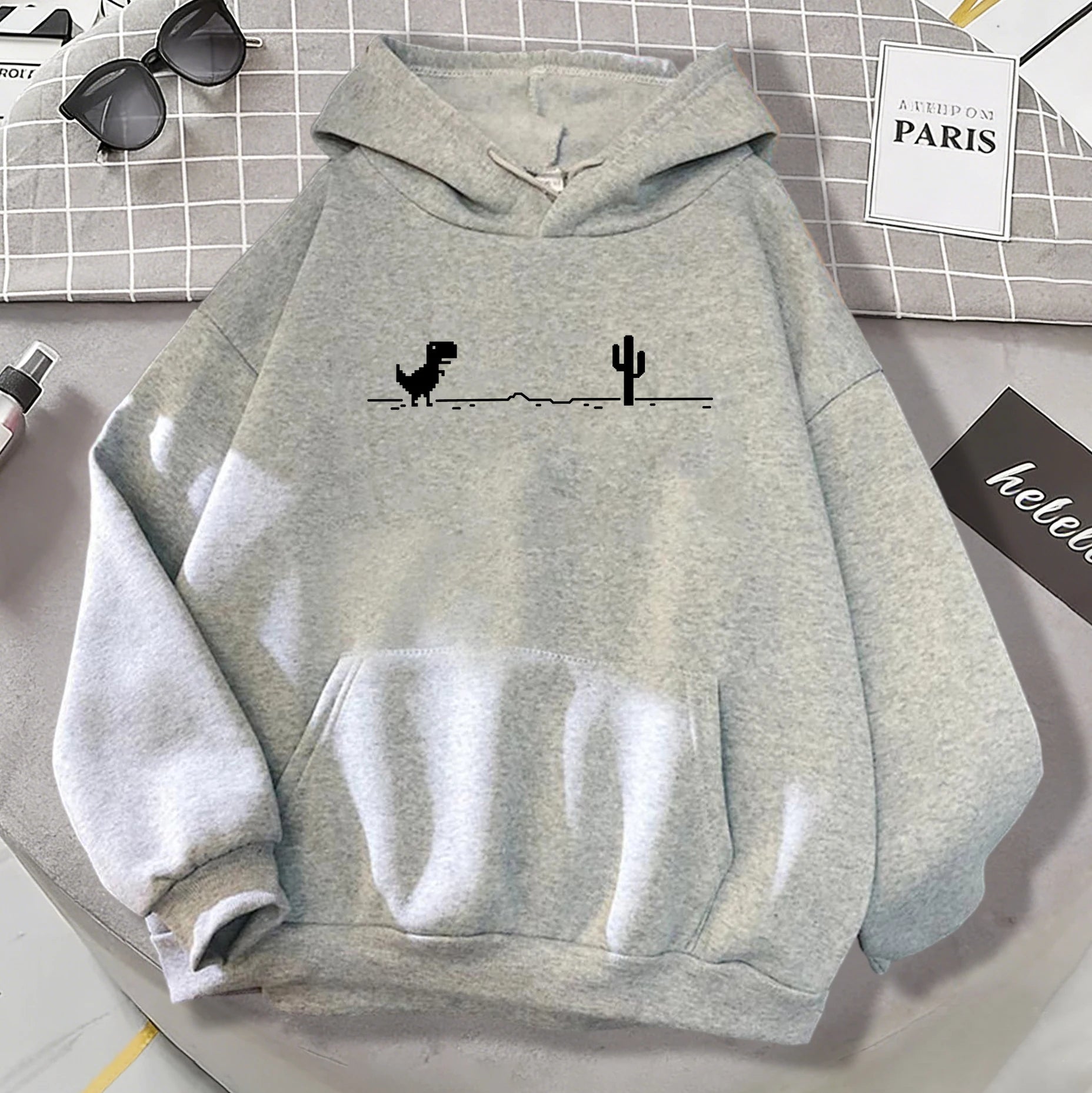 Mosaic Game Cactus Little Dinosaur Mens Hoodies Casual All-Match Pullover Loose Autumn Streetwear Unisex Warm Fleece Clothing