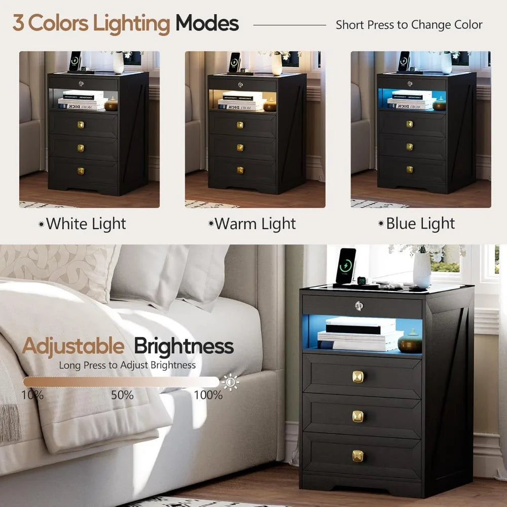 Smart Nightstand with Lockable Gun Drawer, Charging Station & 3 LED Lights, Modern Bedside Table for Bedroom