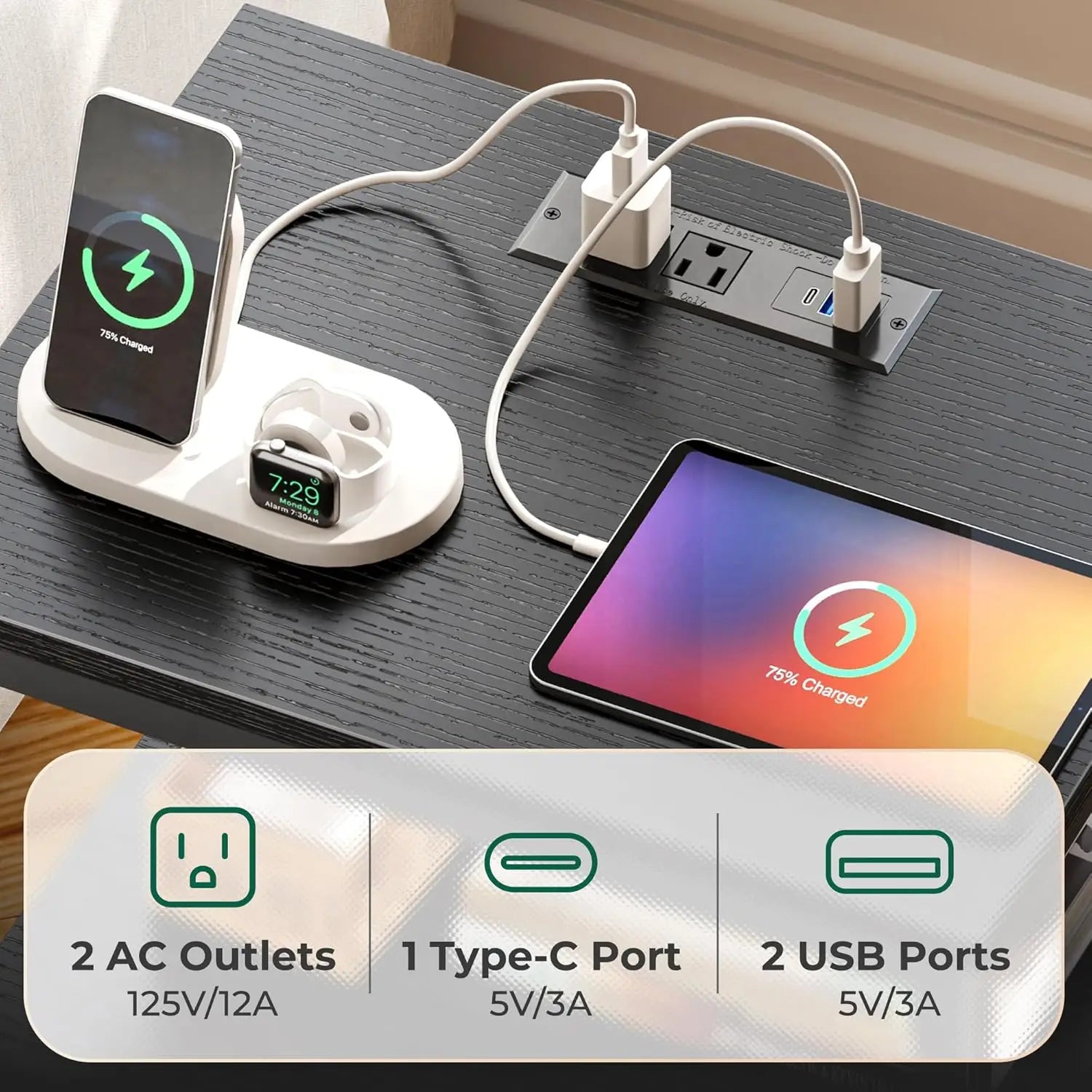 Modern Nightstand with Charging Station, LED Lights, 2 Drawers & Open Shelf - Black Bedside Table for Bedroom
