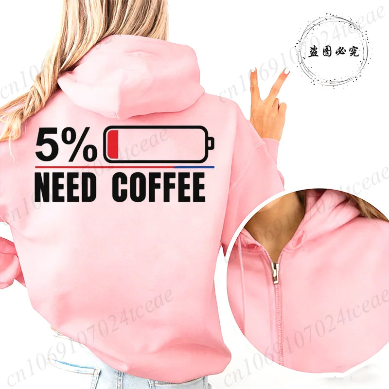 Fashion Streetwear Women's Funny Self Care Hooded Jacket with Minimalist Caffeine Print Trendy Zip Up Sweatshirt Coffee Hoodies