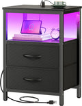 Modern Nightstand with Charging Station, LED Lights, 2 Drawers & Open Shelf - Black Bedside Table for Bedroom