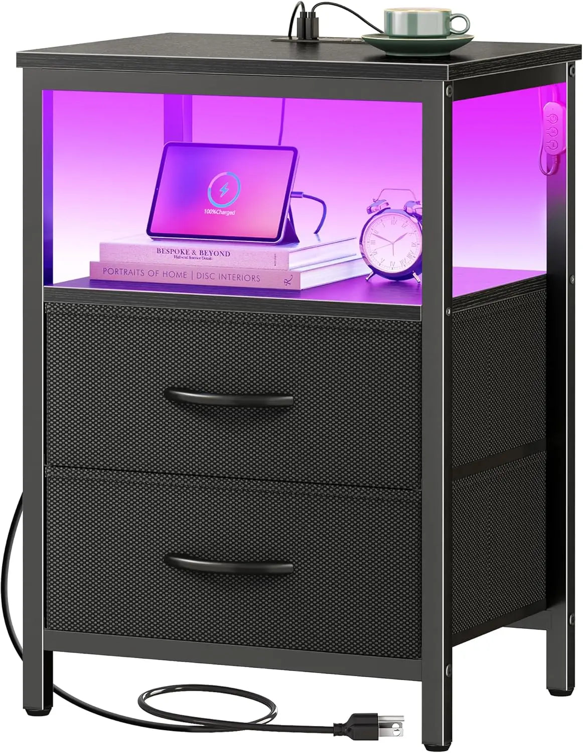 Modern Nightstand with Charging Station, LED Lights, 2 Drawers & Open Shelf - Black Bedside Table for Bedroom