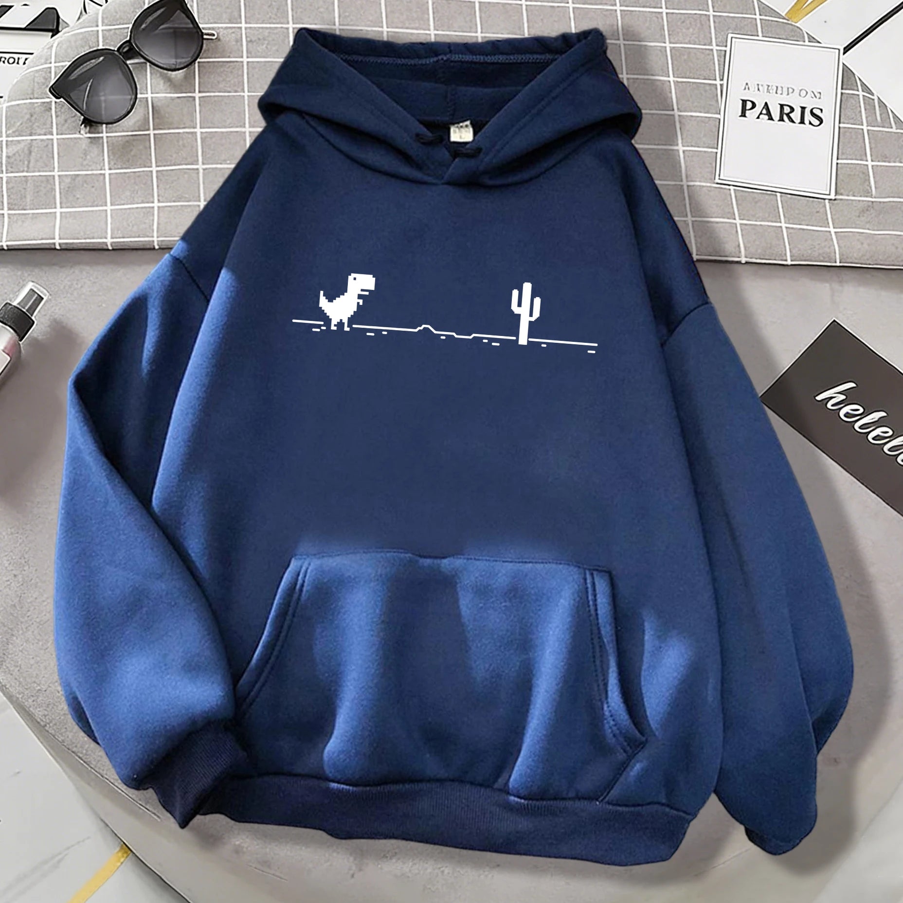 Mosaic Game Cactus Little Dinosaur Mens Hoodies Casual All-Match Pullover Loose Autumn Streetwear Unisex Warm Fleece Clothing