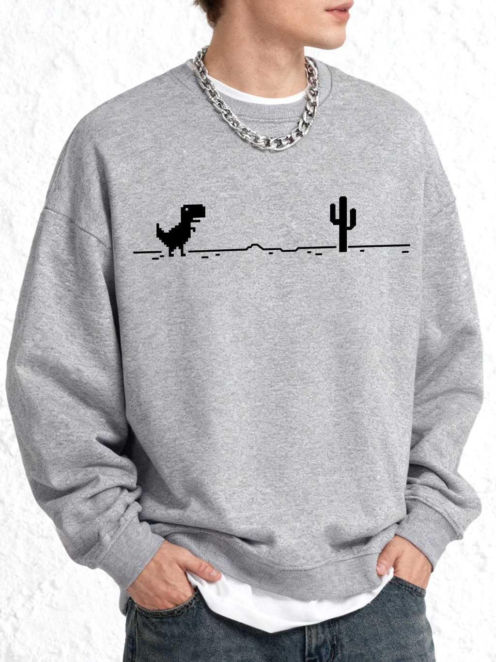 Mosaic Game Cactus Little Dinosaur Print Men Sweatshirt O-Neck Clothing Autumn Warm Oversize Long Sleeve Fashion Basics Clothes