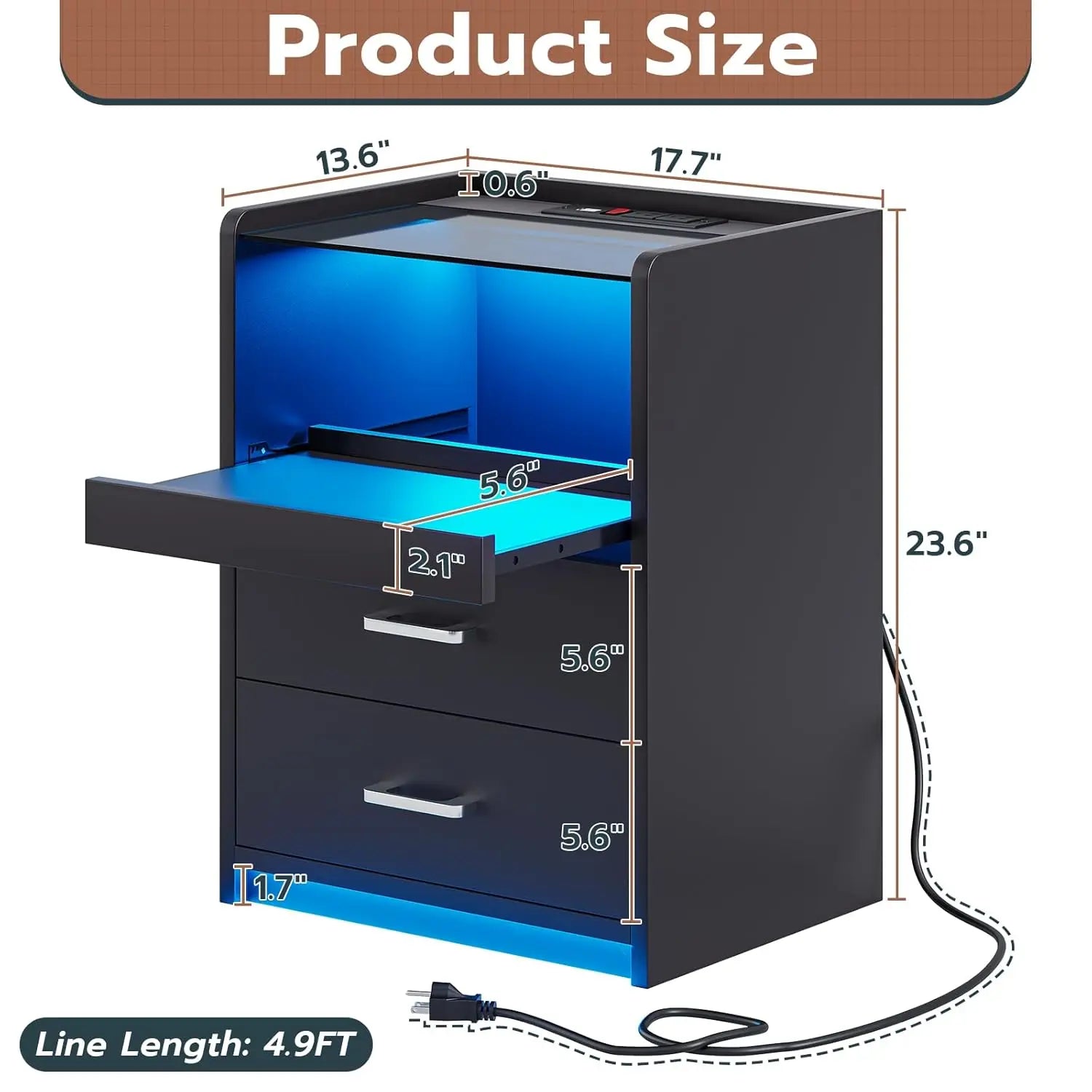 Nightstand with Charging Station and LED Lights, Black Night Stand with Glass Top and Storage Drawers, End Side, Customized