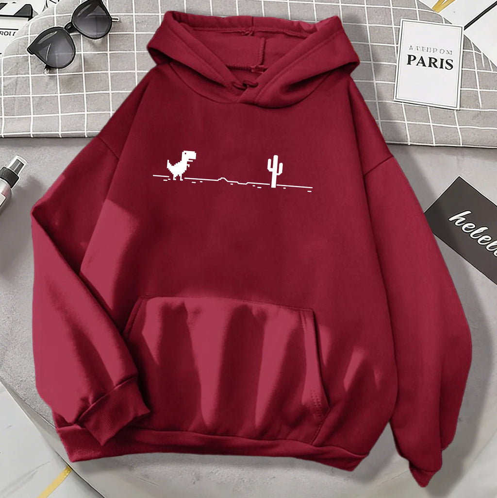 Mosaic Game Cactus Little Dinosaur Mens Hoodies Casual All-Match Pullover Loose Autumn Streetwear Unisex Warm Fleece Clothing
