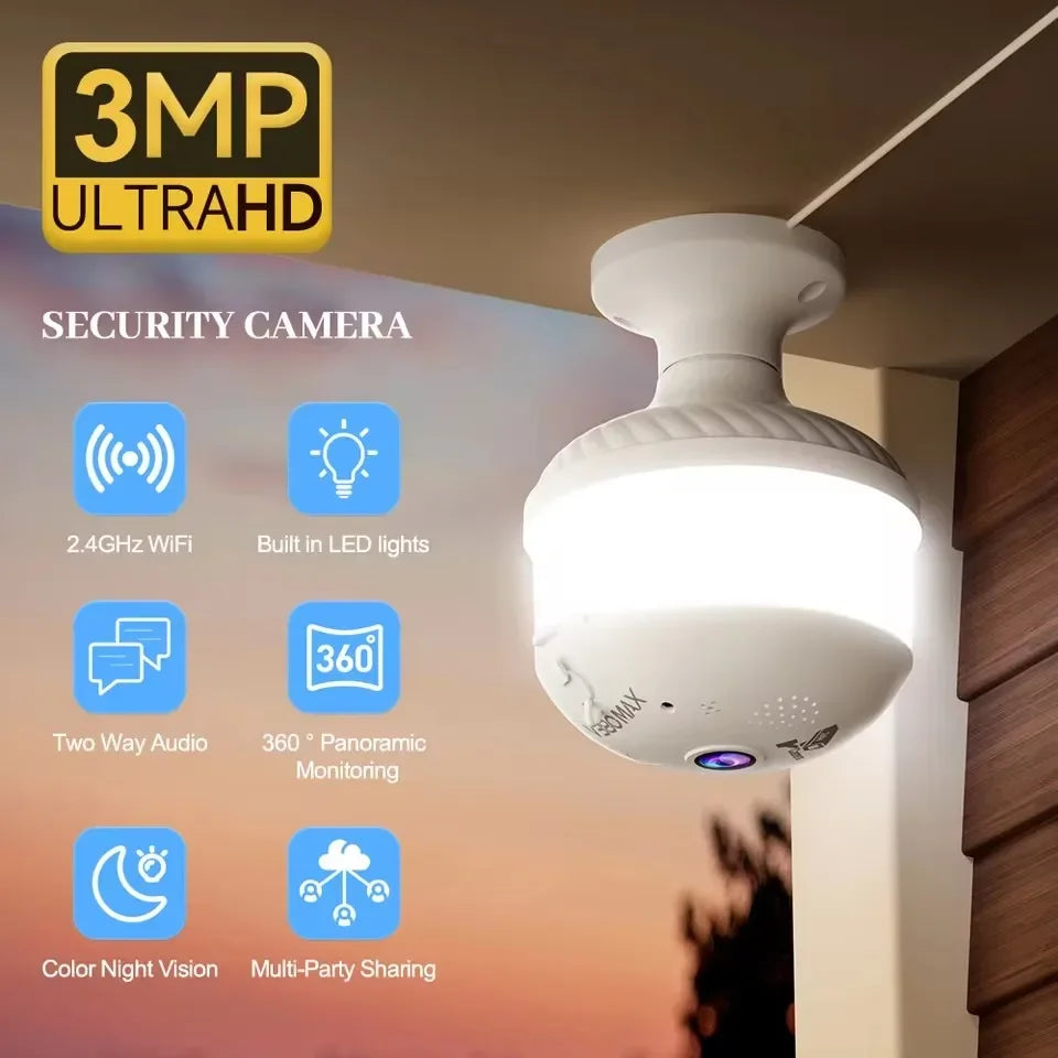3MP PTZ Light Bulb Camera V380 Pro APP Floodlight Wireless WiFi 360 Degree Fisheye Panoramic Light Bulb CCTV Security Camera