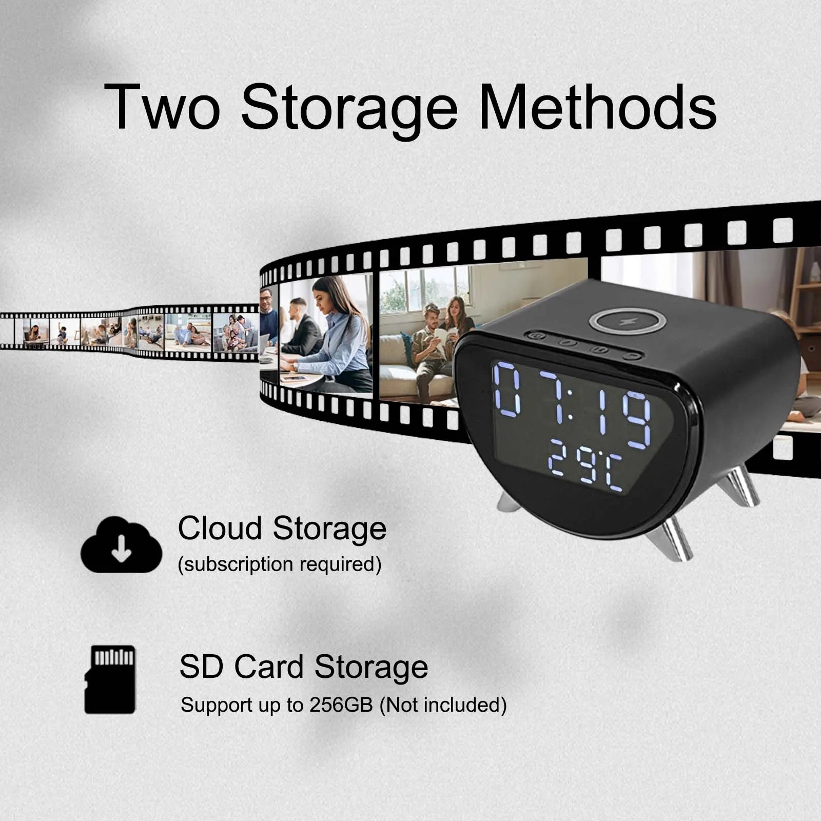 4K WiFi Clock Camera with Wireless Charging, Motion Detection, Loop Recording, Remote Viewing & App Control for Home Security