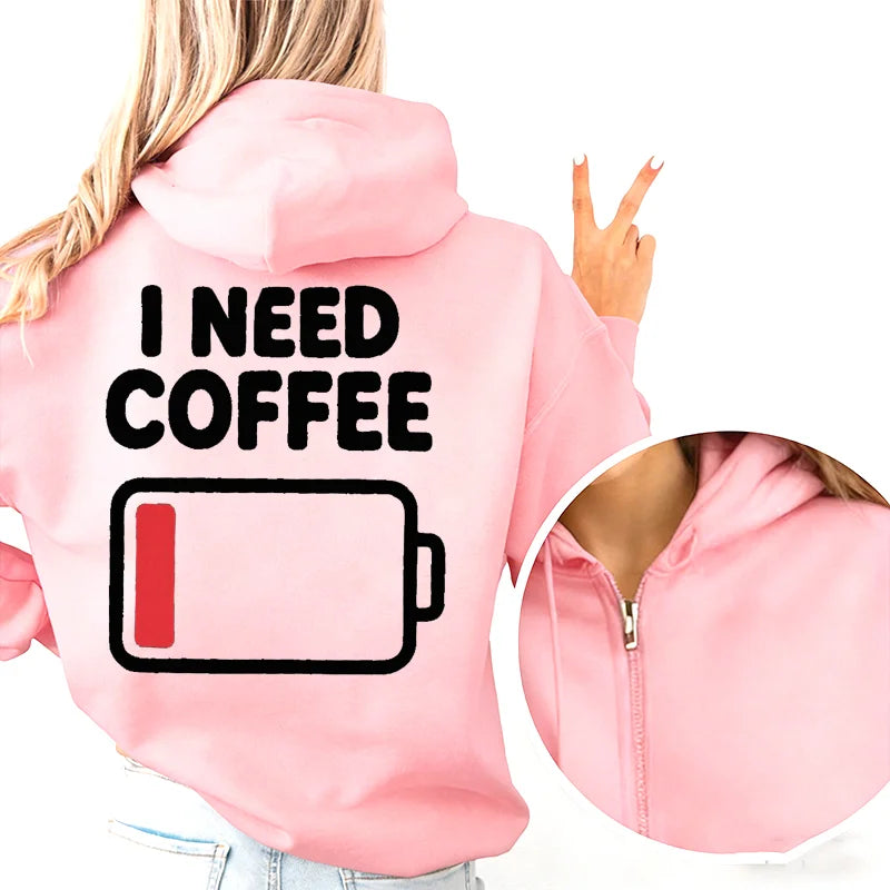 Fashion Streetwear Women's Funny Self Care Hooded Jacket with Minimalist Caffeine Print Trendy Zip Up Sweatshirt Coffee Hoodies