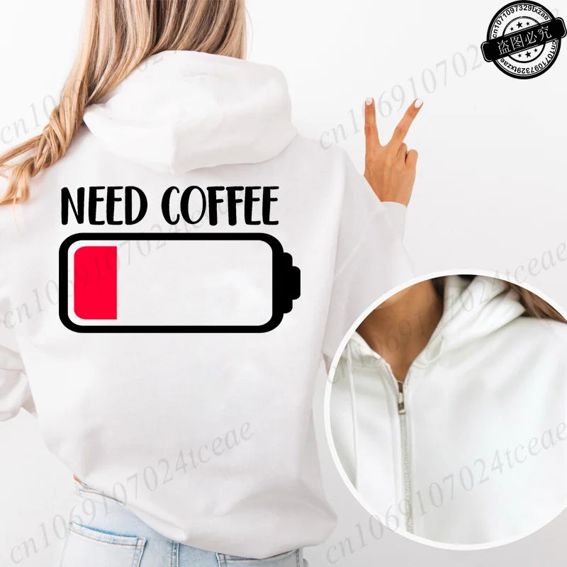 Fashion Streetwear Women's Funny Self Care Hooded Jacket with Minimalist Caffeine Print Trendy Zip Up Sweatshirt Coffee Hoodies