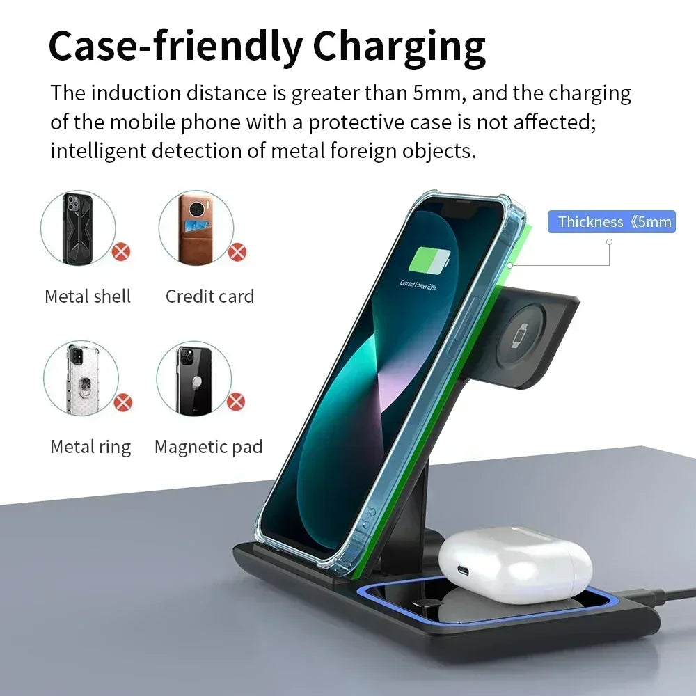 4 In 1 Wireless Charger LED Light Phone Stand For iPhone 16 15 14 13 12 Apple Watch 8 7 6 AirPods Foldable Fast Charging Station