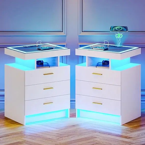2 Set Nightstands with Wireless Charging Station, Auto Sensor 3 Color Dimmable LED Night Stand, Modern Bedside Table with 3 Dra