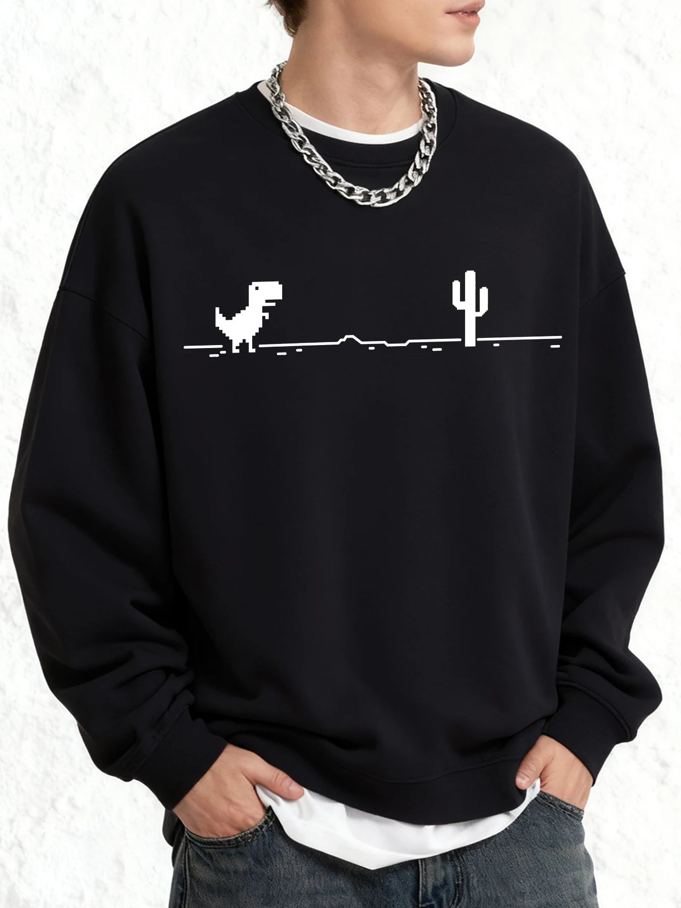 Mosaic Game Cactus Little Dinosaur Print Men Sweatshirt O-Neck Clothing Autumn Warm Oversize Long Sleeve Fashion Basics Clothes
