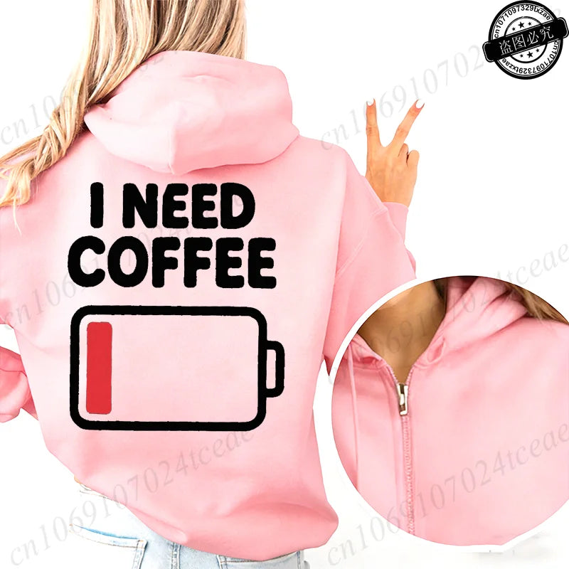 Fashion Streetwear Women's Funny Self Care Hooded Jacket with Minimalist Caffeine Print Trendy Zip Up Sweatshirt Coffee Hoodies
