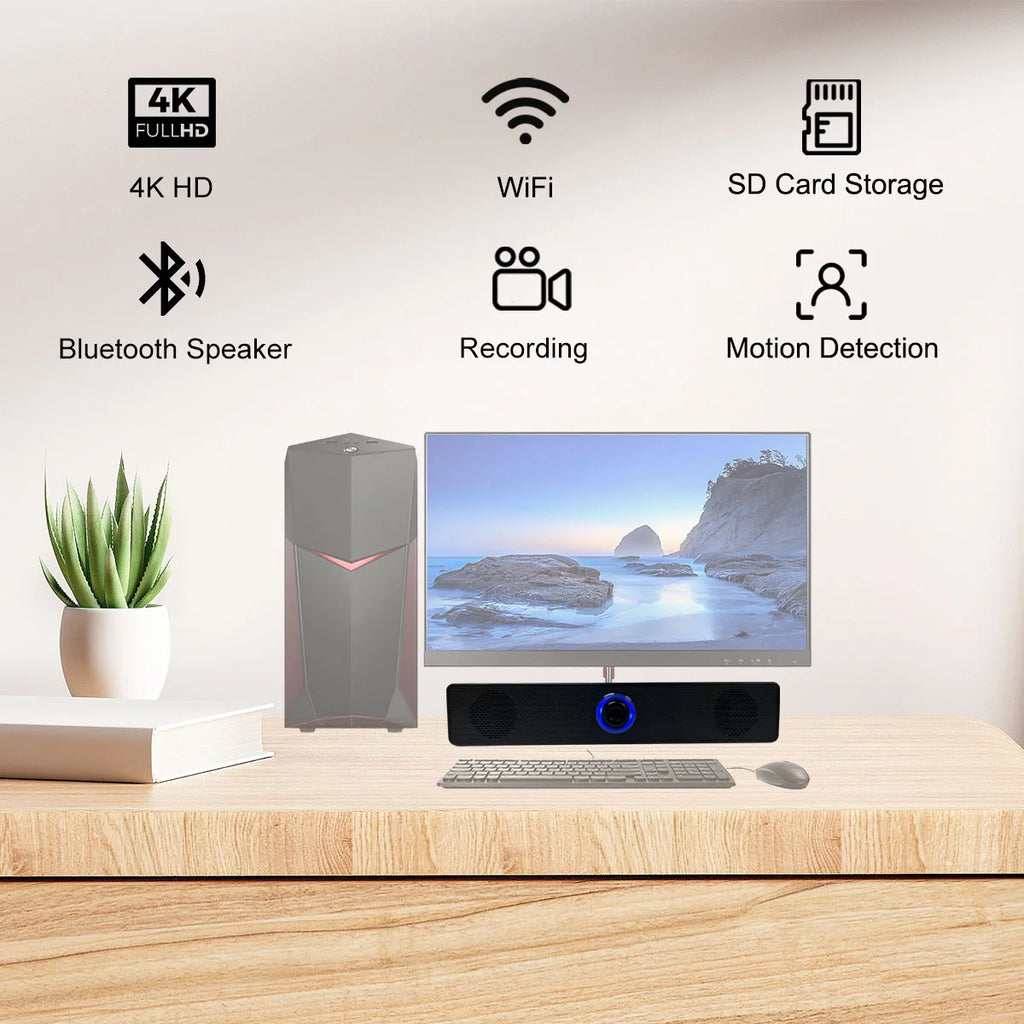 4K WiFi Desktop Bluetooth Speaker Camera – Motion Detection, Remote Viewing, Loop Recording, Home Office Surveillance Monitor