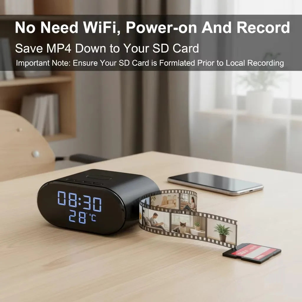 5-in-1 Mini WiFi Camera with Wireless Charger 4K UHD Smart Alarm Clock Cameras with 32GB SD Card Temperature Display Camcorders