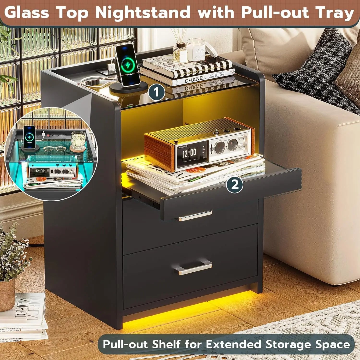 Nightstand with Charging Station and LED Lights, Black Night Stand with Glass Top and Storage Drawers, End Side, Customized