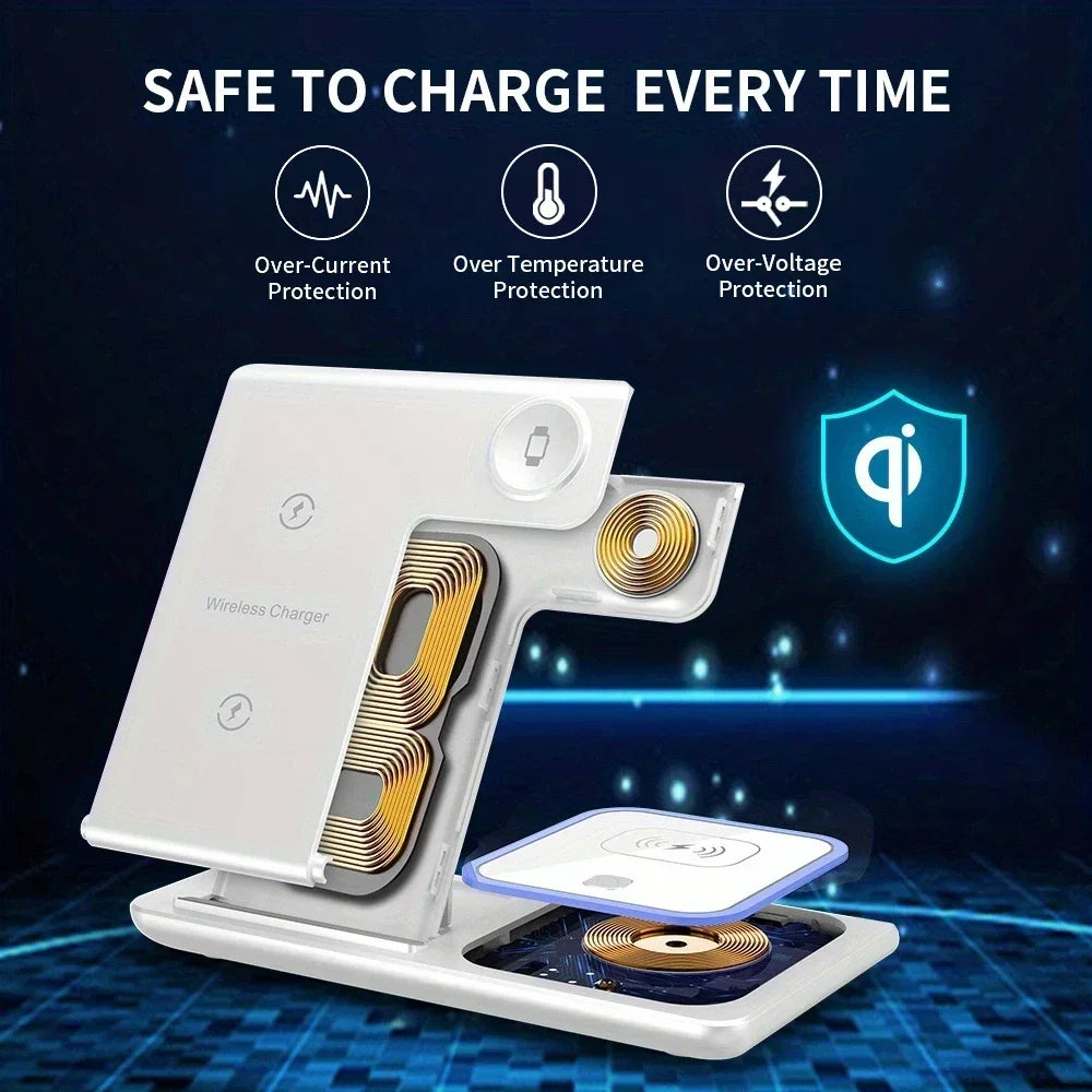 4 In 1 Wireless Charger LED Light Phone Stand For iPhone 16 15 14 13 12 Apple Watch 8 7 6 AirPods Foldable Fast Charging Station