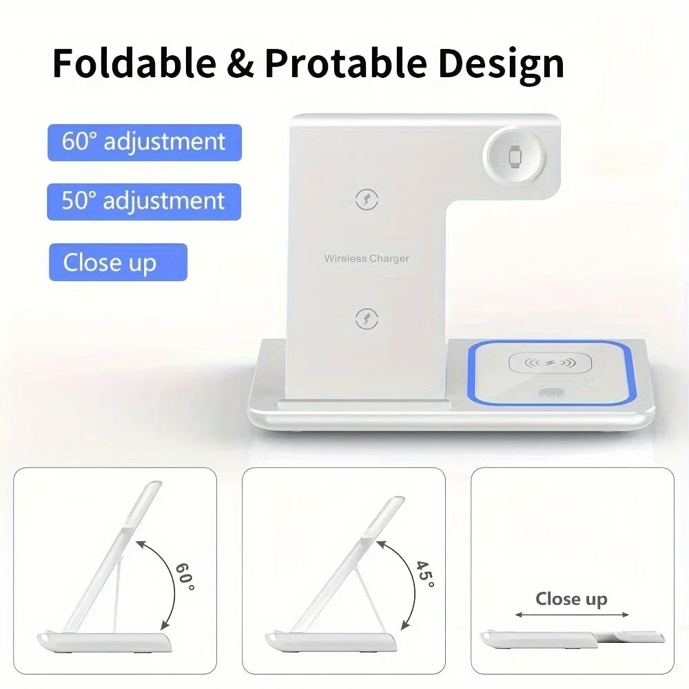 4 In 1 Wireless Charger LED Light Phone Stand For iPhone 16 15 14 13 12 Apple Watch 8 7 6 AirPods Foldable Fast Charging Station