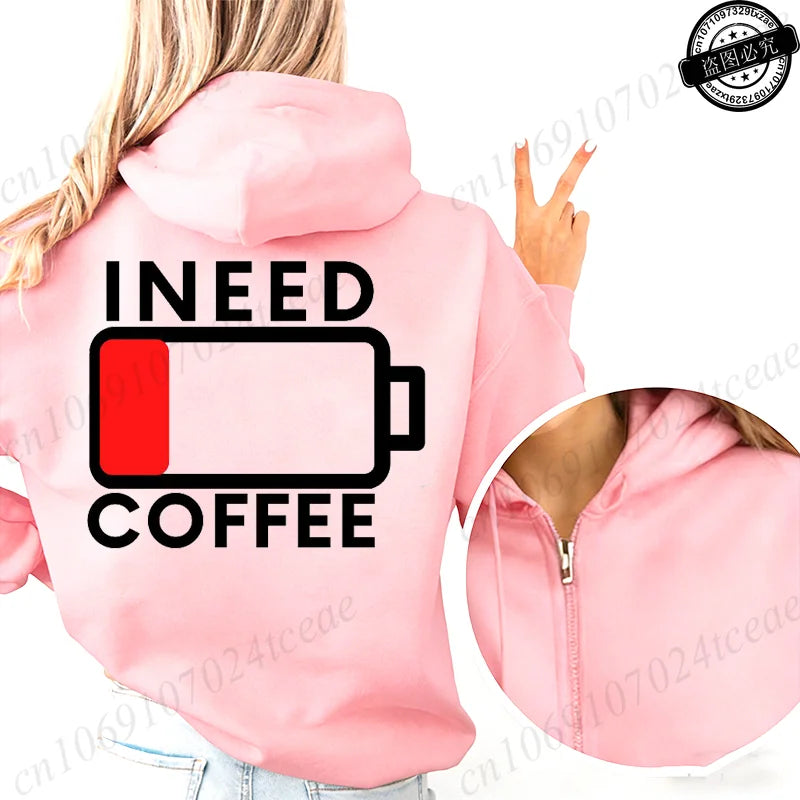 Fashion Streetwear Women's Funny Self Care Hooded Jacket with Minimalist Caffeine Print Trendy Zip Up Sweatshirt Coffee Hoodies