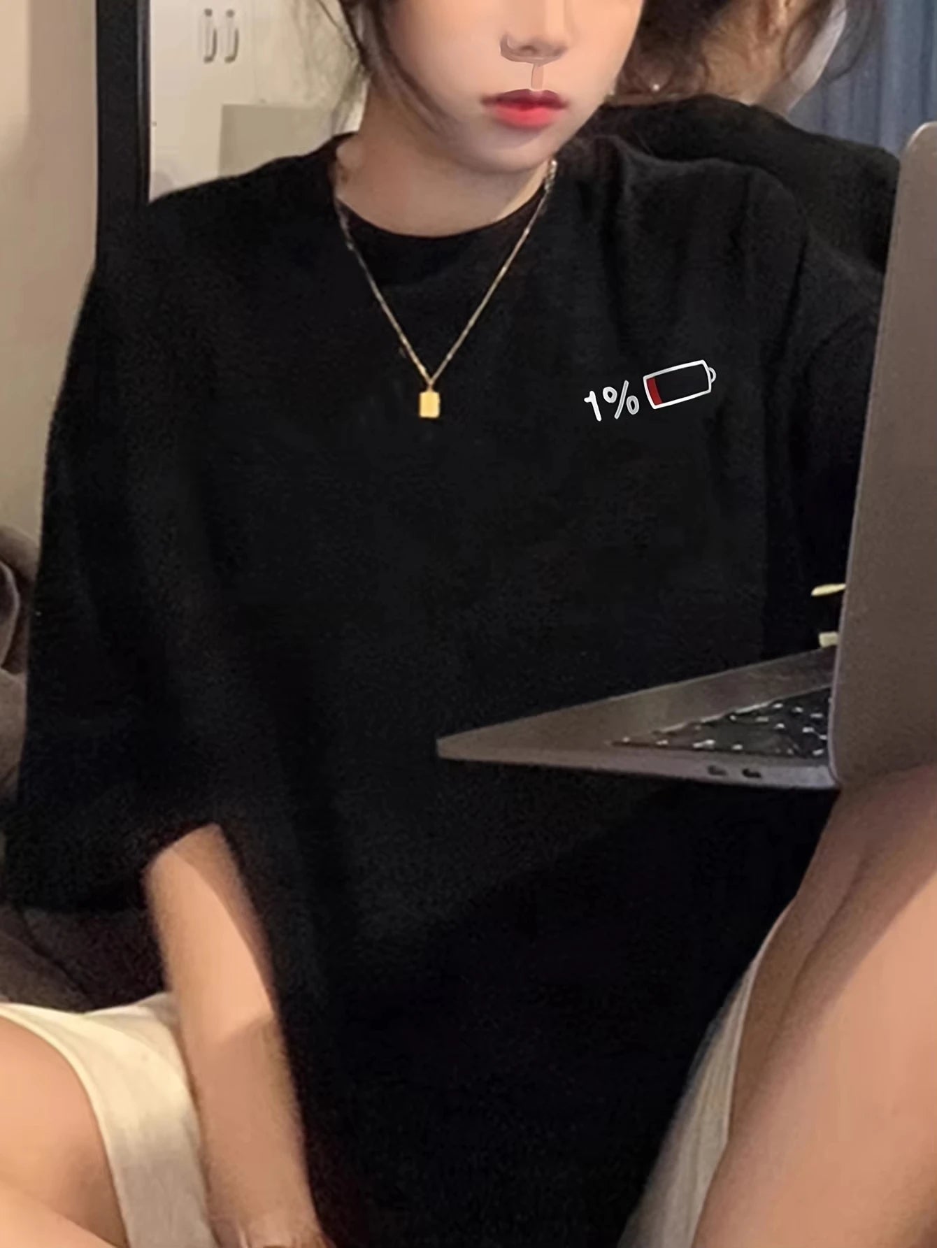 2026 New Women's Summer Casual Elegant Loose Long T-shirt with 1% Battery Graphic Print Black Round Neck Short-Sleeved Tops