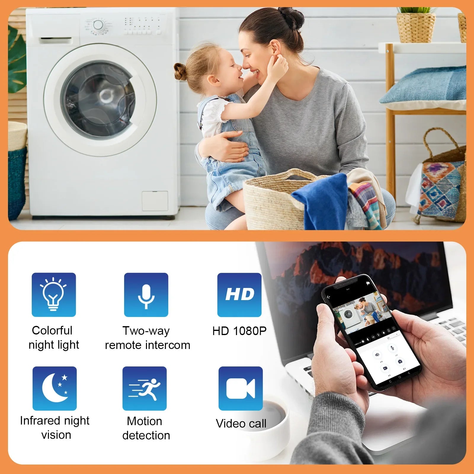 Mini Wireless Camera 4K HD WiFi Security Nanny with RGB Night Light 130° Wide Vision Motion Detection Real Time Rec Baby Monitor