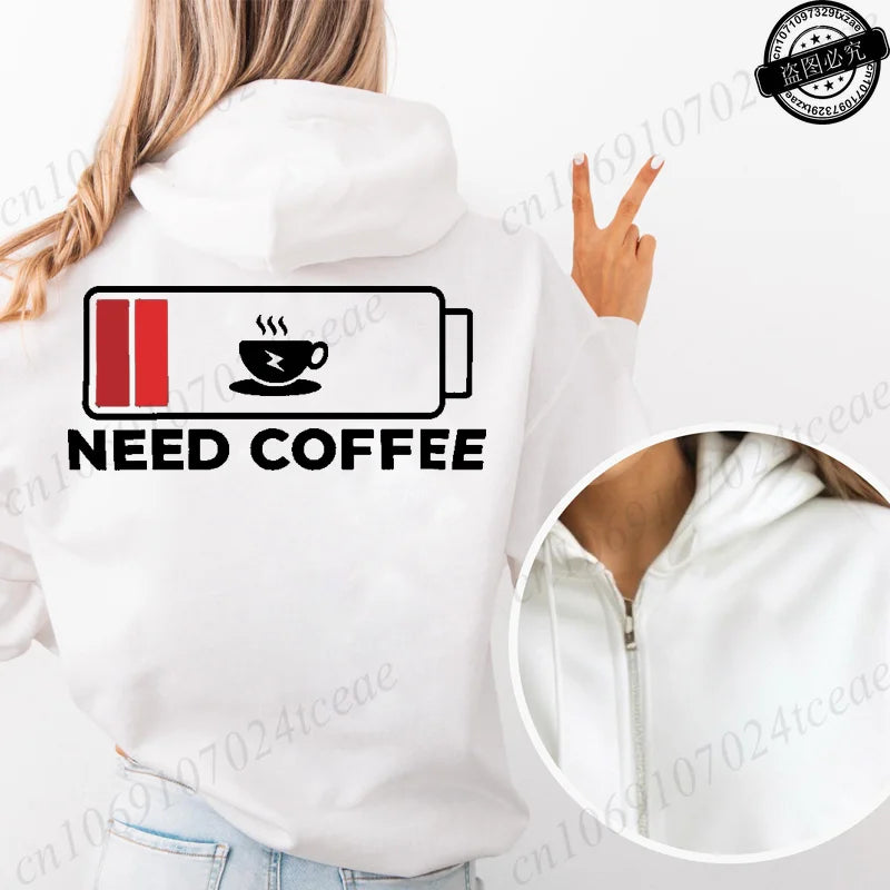 Fashion Streetwear Women's Funny Self Care Hooded Jacket with Minimalist Caffeine Print Trendy Zip Up Sweatshirt Coffee Hoodies