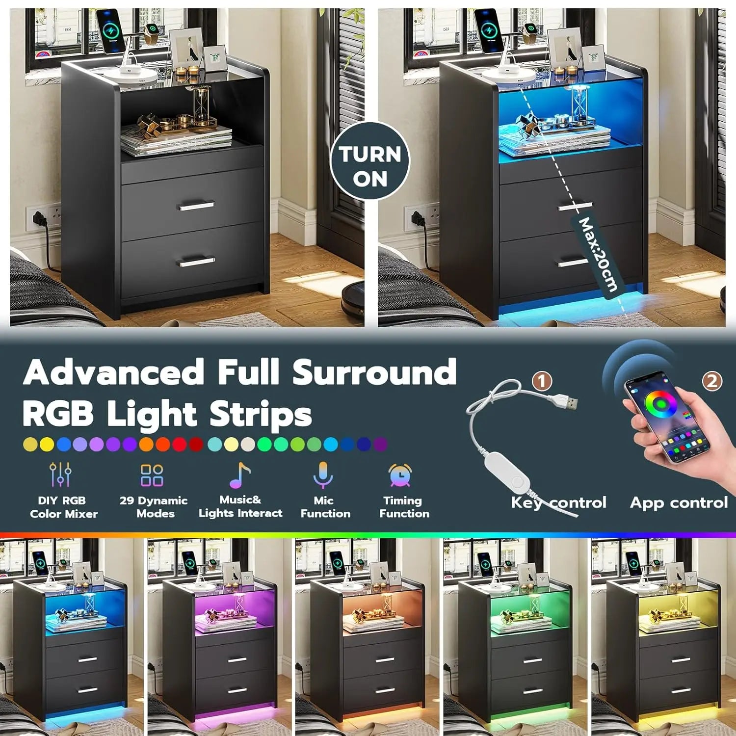 Nightstand with Charging Station and LED Lights, Black Night Stand with Glass Top and Storage Drawers, End Side, Customized