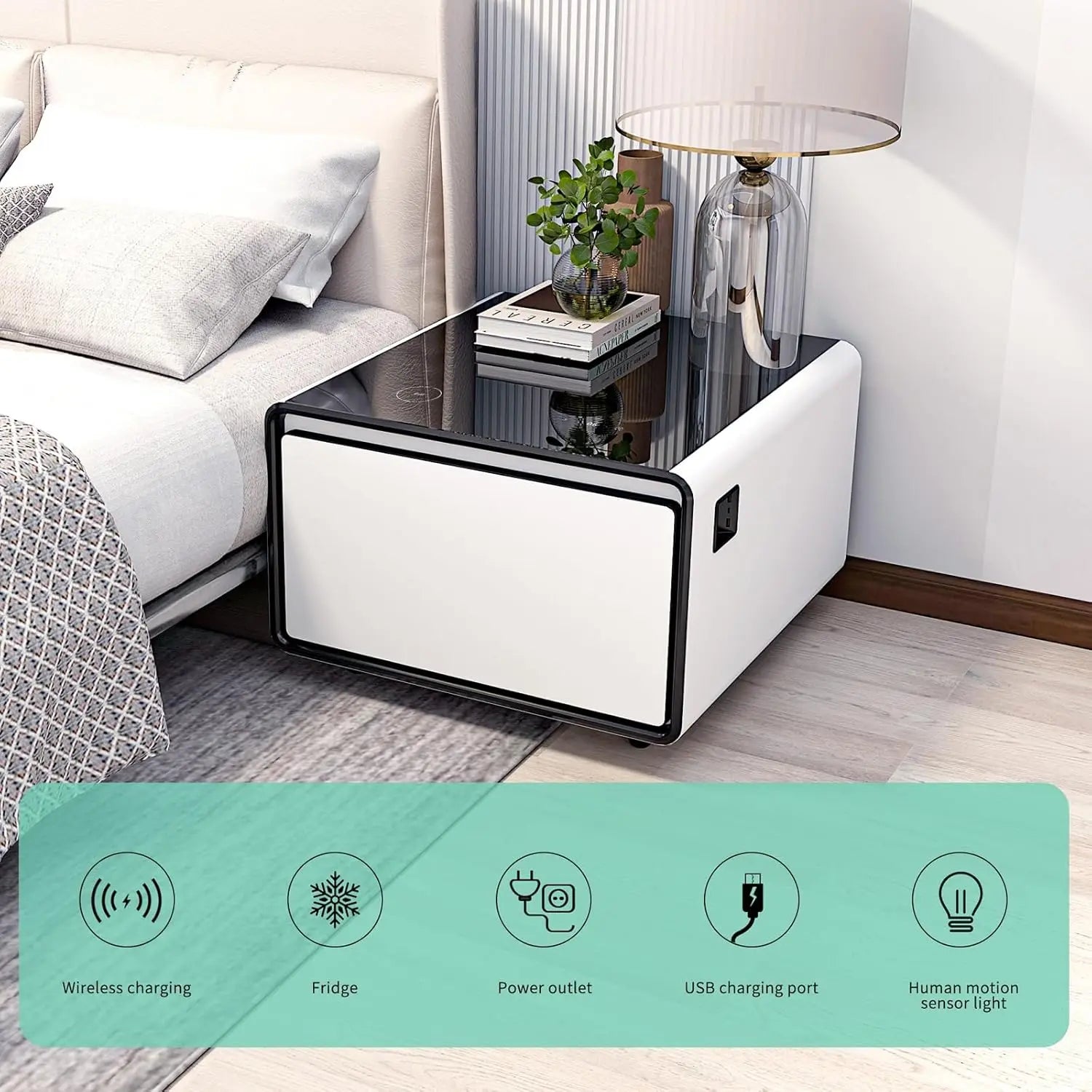Smart Side Table with Fridge, Smart Nightstand with Refrigerator, Induction Light, Temperature Control, Wireless, Customized