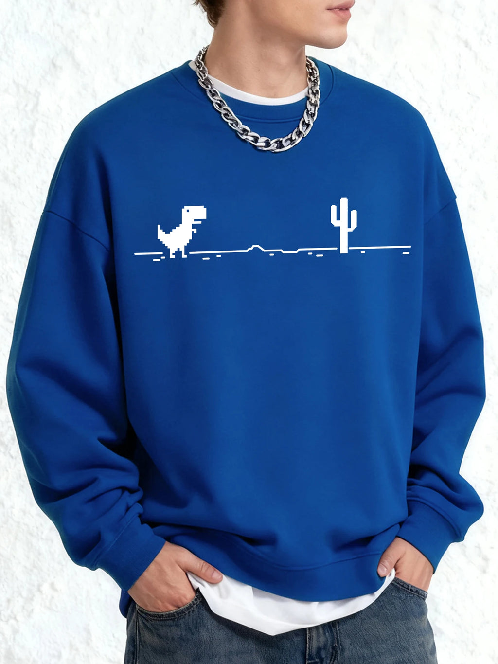 Mosaic Game Cactus Little Dinosaur Print Men Sweatshirt O-Neck Clothing Autumn Warm Oversize Long Sleeve Fashion Basics Clothes