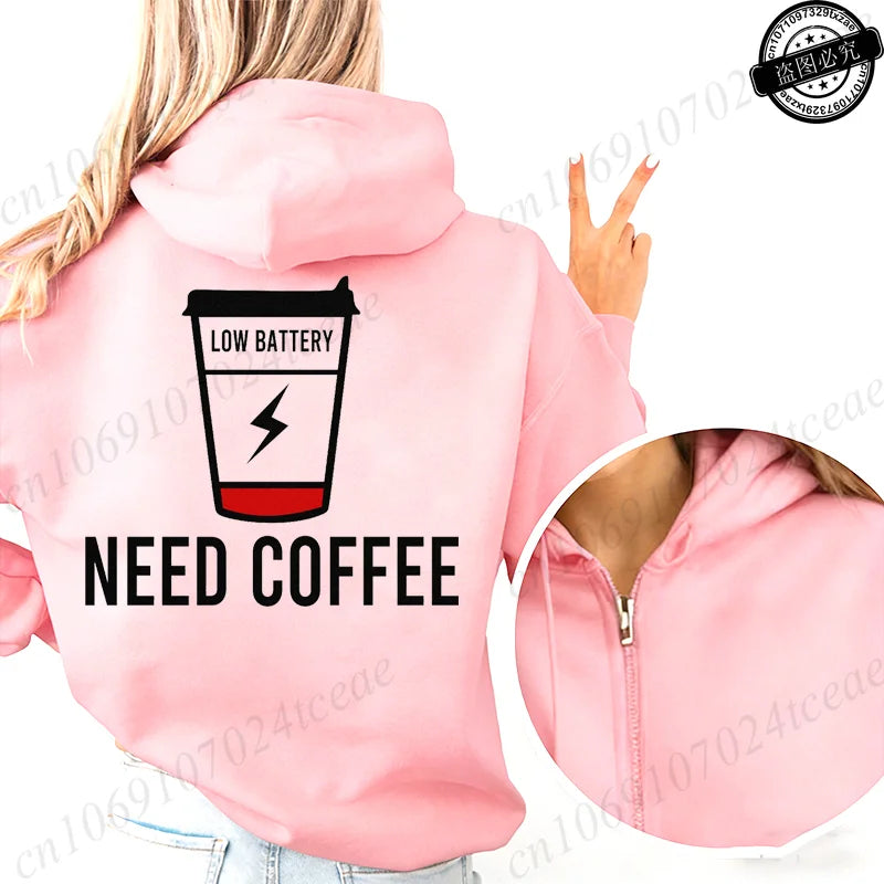 Fashion Streetwear Women's Funny Self Care Hooded Jacket with Minimalist Caffeine Print Trendy Zip Up Sweatshirt Coffee Hoodies