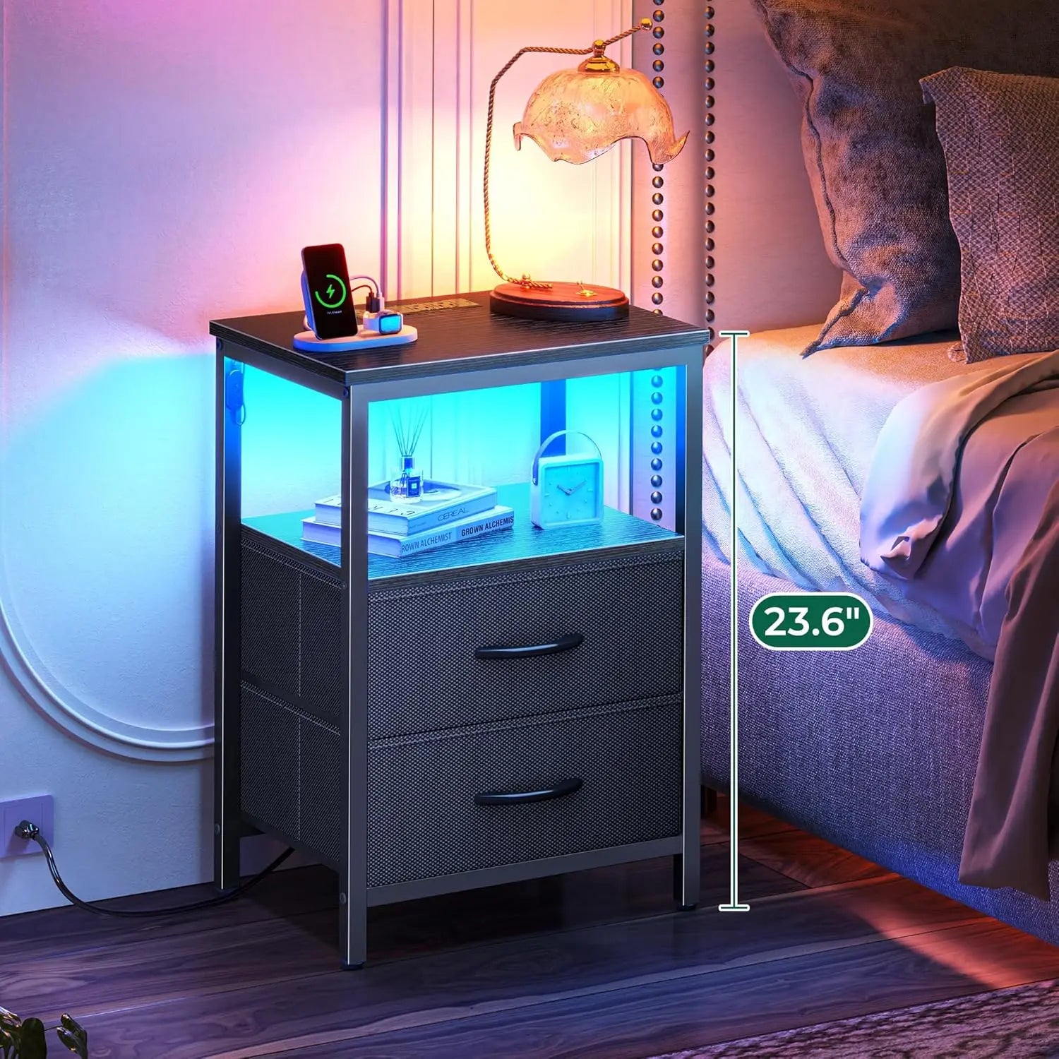Modern Nightstand with Charging Station, LED Lights, 2 Drawers & Open Shelf - Black Bedside Table for Bedroom