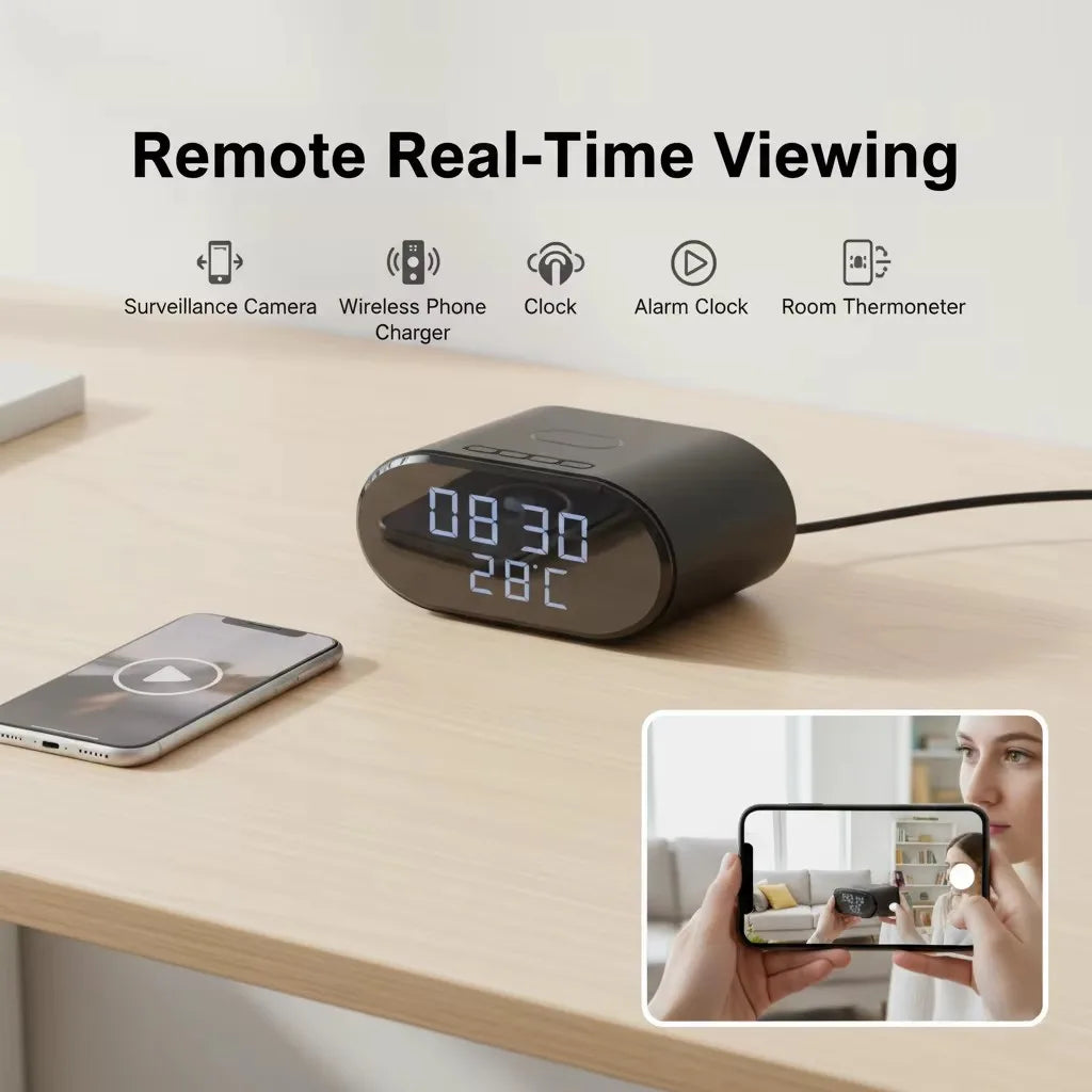 5-in-1 Mini WiFi Camera with Wireless Charger 4K UHD Smart Alarm Clock Cameras with 32GB SD Card Temperature Display Camcorders