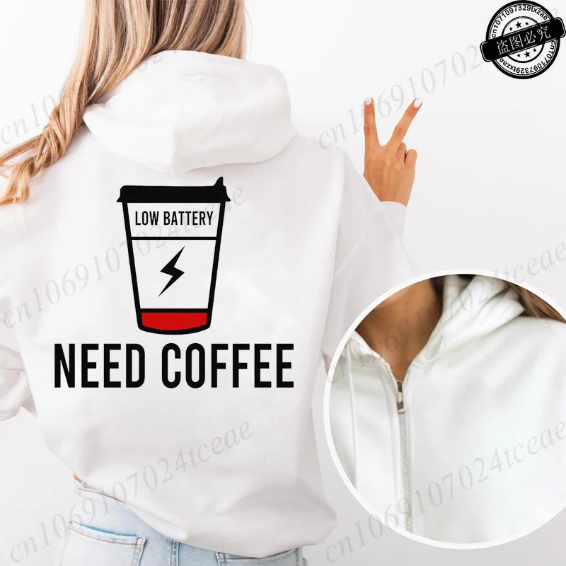 Fashion Streetwear Women's Funny Self Care Hooded Jacket with Minimalist Caffeine Print Trendy Zip Up Sweatshirt Coffee Hoodies