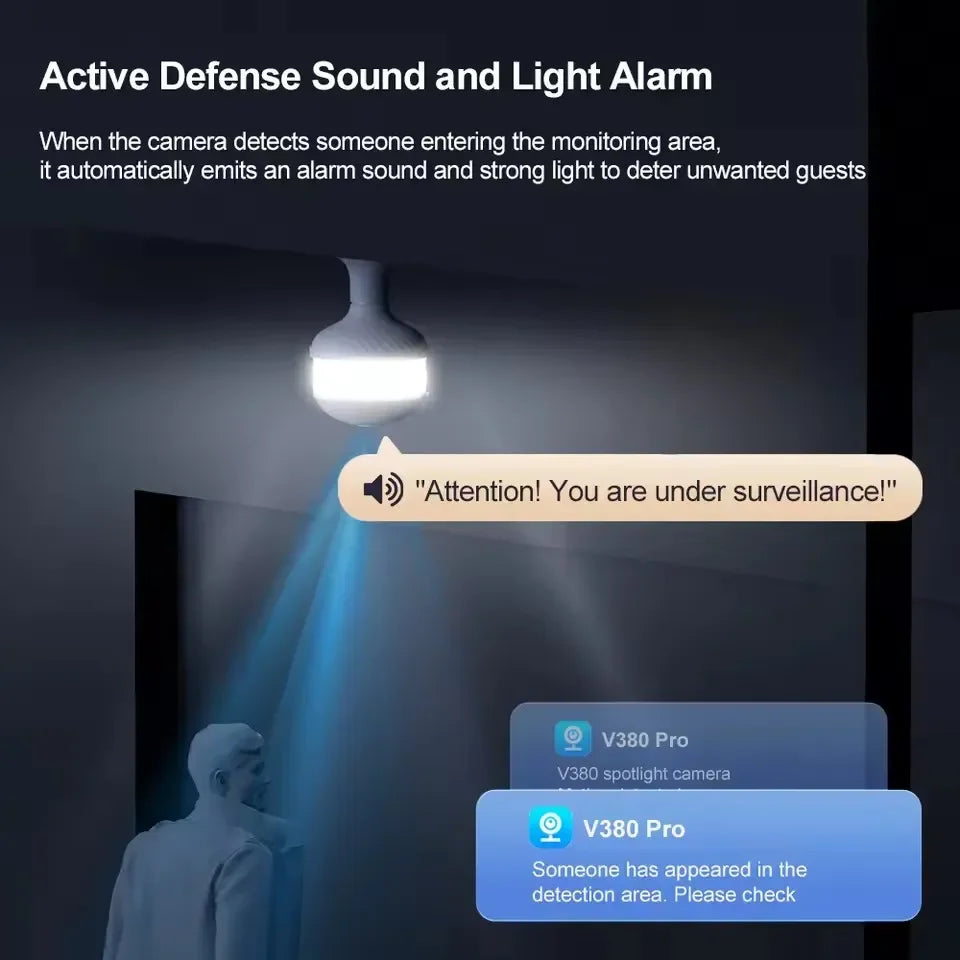 3MP PTZ Light Bulb Camera V380 Pro APP Floodlight Wireless WiFi 360 Degree Fisheye Panoramic Light Bulb CCTV Security Camera